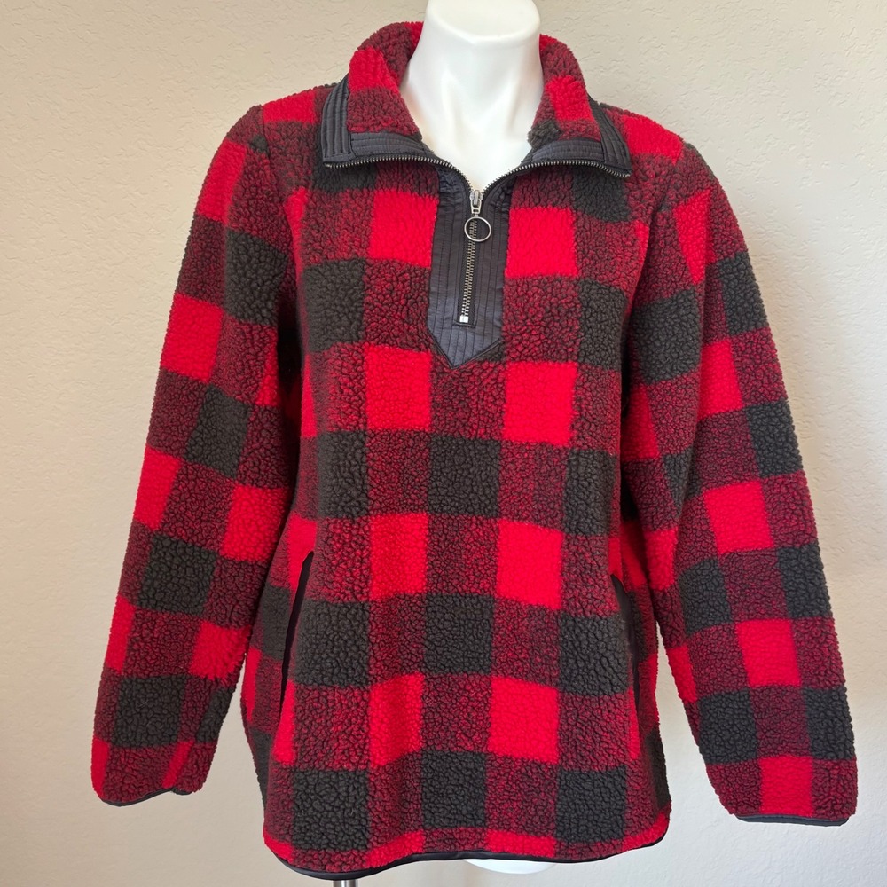 Abercrombie & Fitch Buffalo Plaid Red Black Sherpa Fleece Pullover Womens Medium